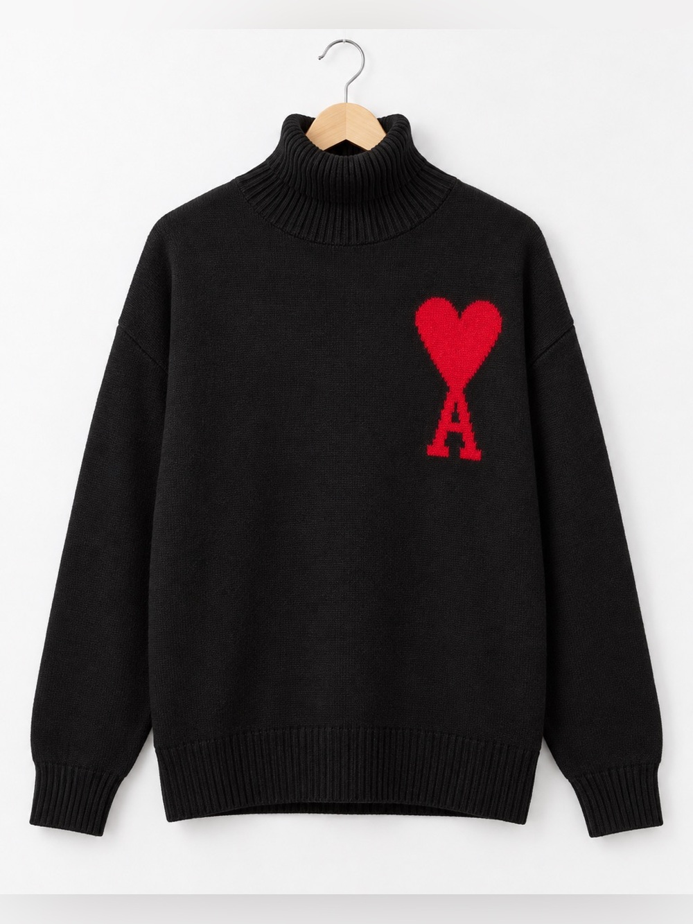 AMI PARIS | Black Wool Turtleneck Sweater with Red Heart Logo